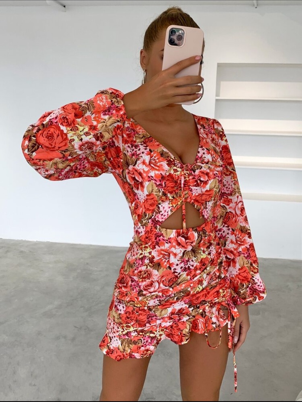 Floral Cutout Ruched Mini Dress - Red Pink Floral